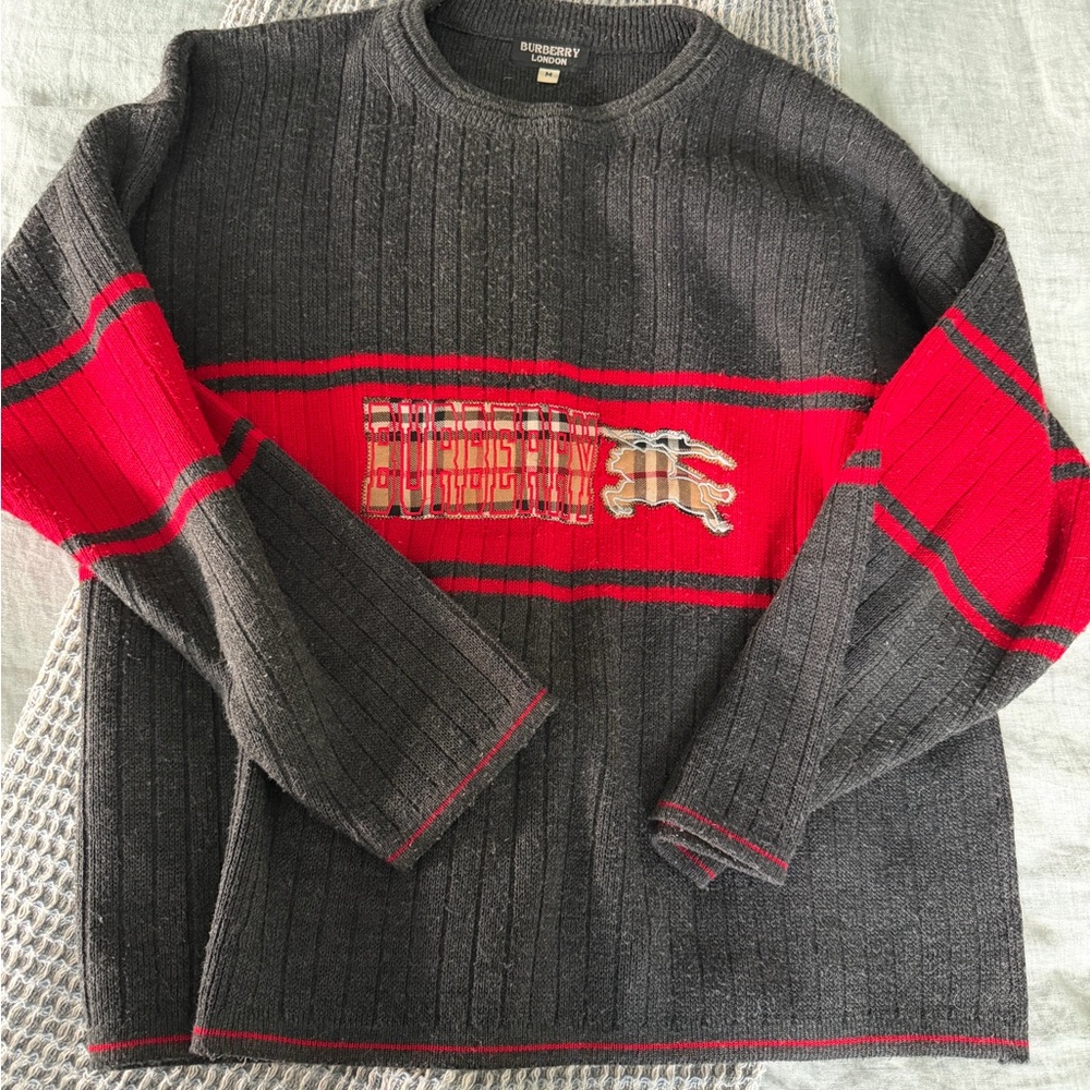 Burberry Gray and Red Ribbed Crewneck Sweater